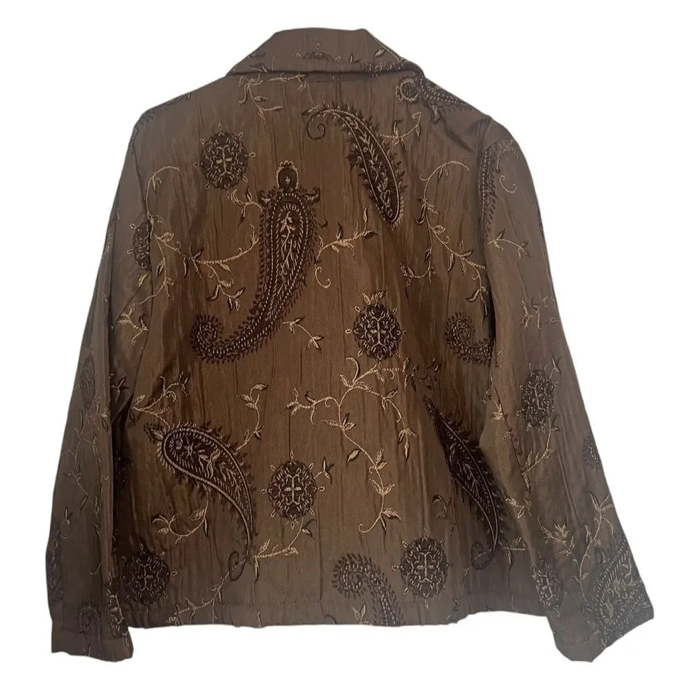 Chico's Womens Size 2 large Brown Paisley Embroidered Jacket Blazer